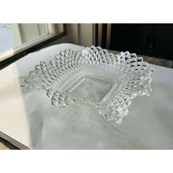 Indiana Glass Clear Depression Glass Square Ruffled Diamond Point 7" Dish Vintag - Picture 15 of 15